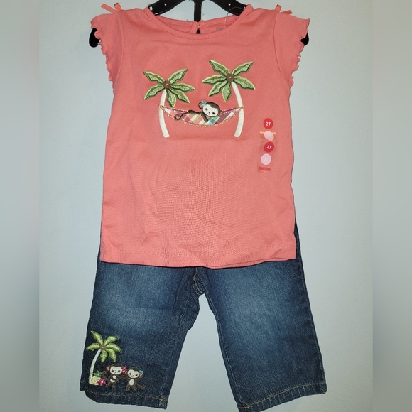 🆕️🐵🌴 Vintage Gymboree Jungle Gem Monkey Outfit Coral Tee Denim Capris 2T Girl - Picture 7 of 7